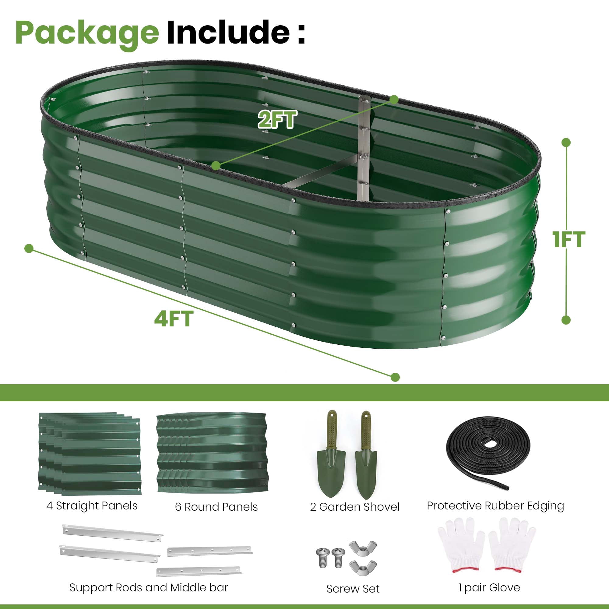 GVDV Galvanized Raised Garden Bed Outdoor, 4x2x1ft Backyard Oval Metal Planter Box with Easy Assembly, for Gardening Vegetables, Fruits, Flowers - Green