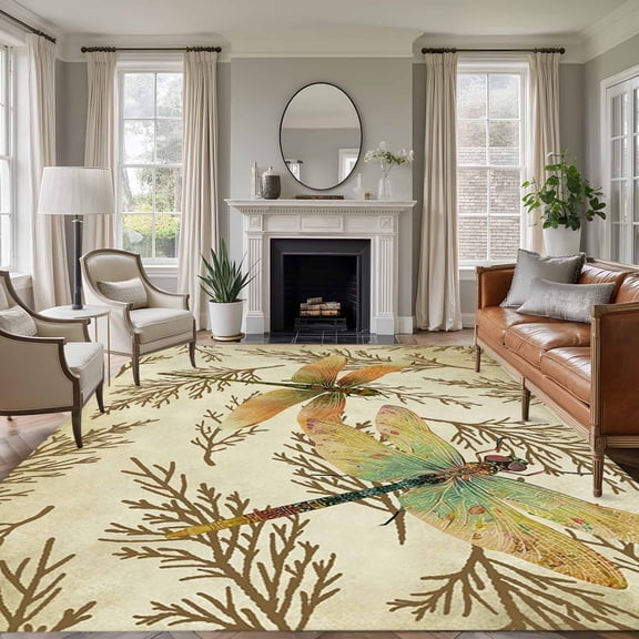 Vintage Dragonfly Area Rugs 6'x9', Washable Small Throw Rugs for Kitchen Dining room, Vintage Brown Tree Branch Indoor Outdoor Rug Non-Slip Low Pile Carpet Runner Reversible Floor Mats