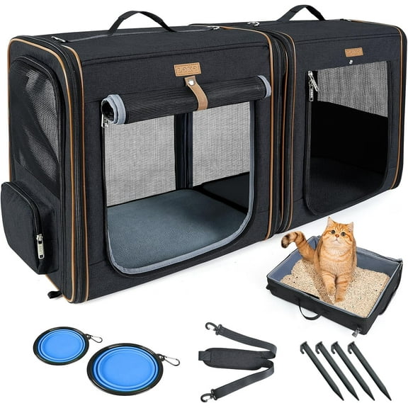 2-in-1 Cat Travel Carrier with Litter Box, (17.7" x2) x16.5"x13" Large Cat Carrier with Zipper Locks for Moving Across The Country (No Hammock) - Black