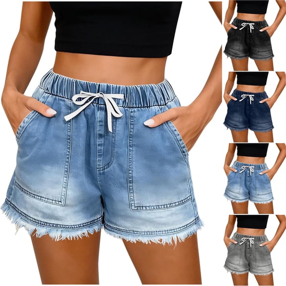 VBVC Women's High-Waisted Denim Shorts,Washed Wide Leg Jean Shorts For Women,Ladies Summer Frayed Hem Pants with Pockets,Black,S-2XL