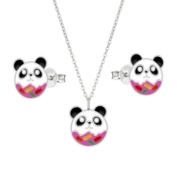 Panda Jewelry Set 925 Sterling Silver Stud Earrings & Necklace with Crystals