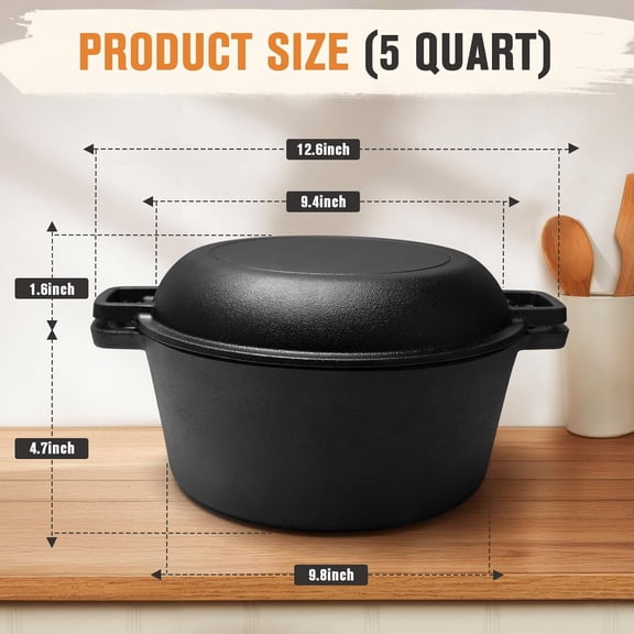 2-in-1 Pre-Seasoned Cast Iron Dutch Oven Pot with Skillet Lid for Bread Baking, 5 Quart Double Dutch Oven Pot with Lid (One-pot Multipurpose)