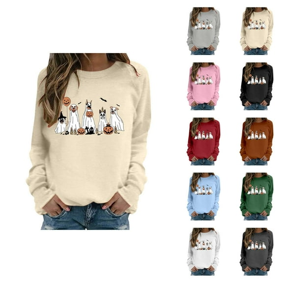 Dog Ghost Halloween Sweatshirts for Women 2025 Long Sleeve Crewneck Cute Dog Pumpkin Graphic Sweatshirt Pullover Tops