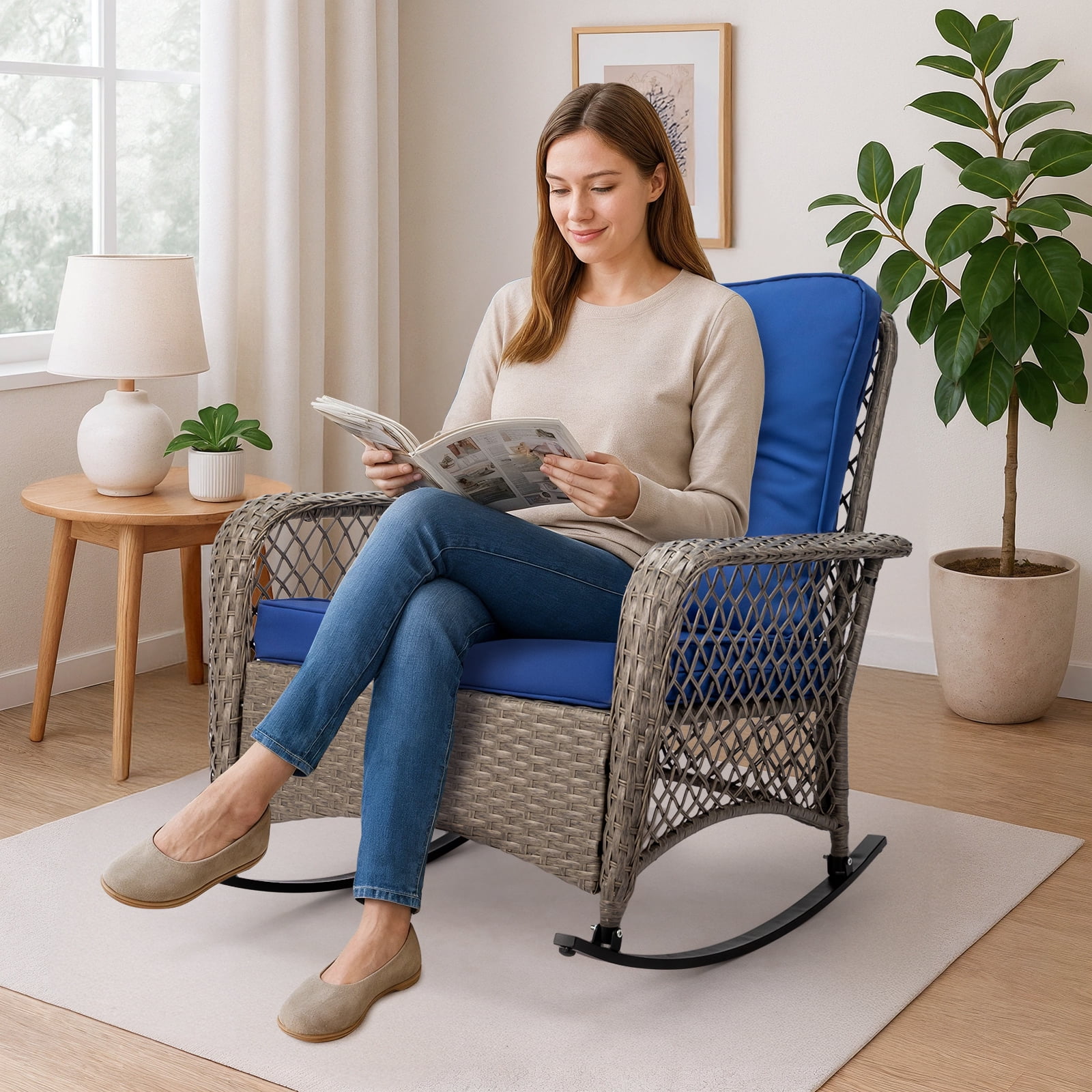 Ktaxon Outdoor Woven Rattan Rocking Chair with Blue Cushion, Large Wicker Patio Furniture, Grey and Blue