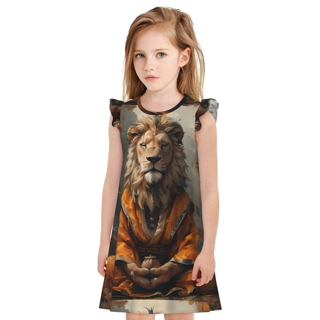 Fotbe Jungle Meditating Lion Vestido de Dormir para Niñas de 3 a 10 Años, Mangas Cortas, Estilo Princesa, Pijama Camisón con Mangas Voladas-Large