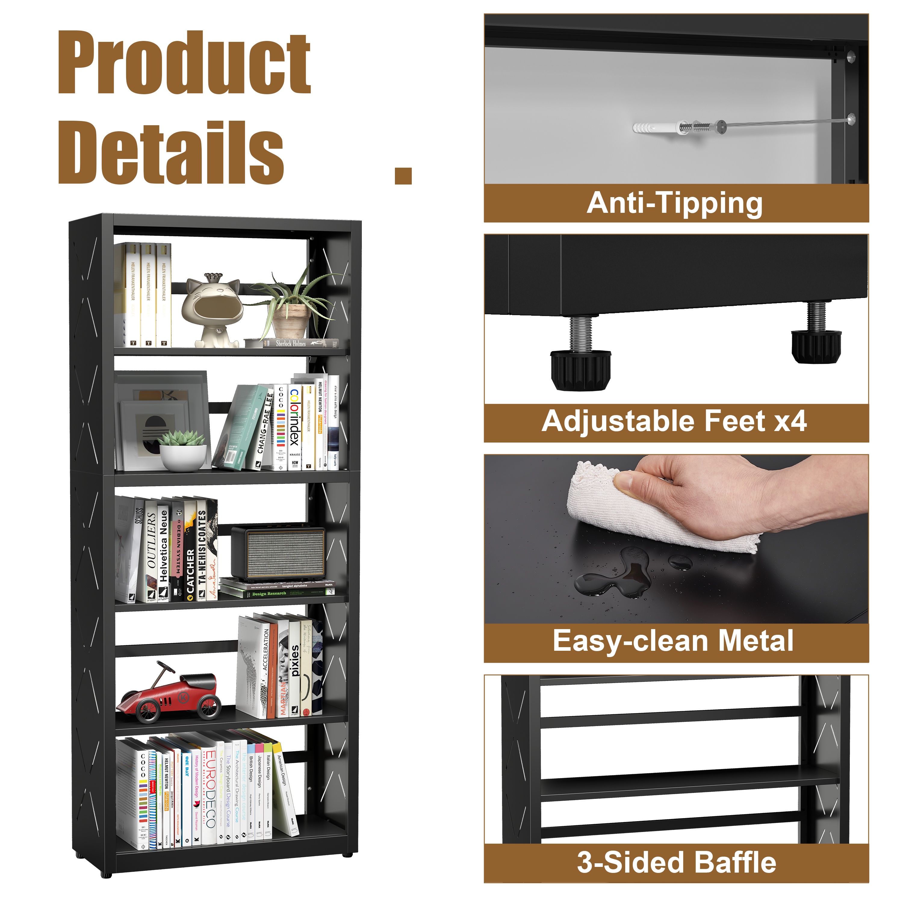 Polup 5-Tier Metal Shelves Bookcase with Bookends Industrial Adjustable Freestanding Black 1-Pack 55 in H x 23 in W