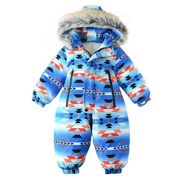Xfvqtps Snowsuit One Piece Hooded Rompers Plush Lined Keep Warm Zipper Geometric Print Waterproof Windproof Winter Jumpsuits Blue
