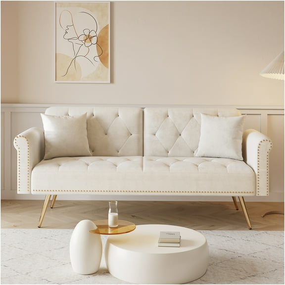 JERFIT No Assembly Sofa Bed, 2-Seater Beige Chenille Fabric Couch with Memory Foam, Deep Seat Modern Upholstered Sofa for Living Room, Apartment, Office