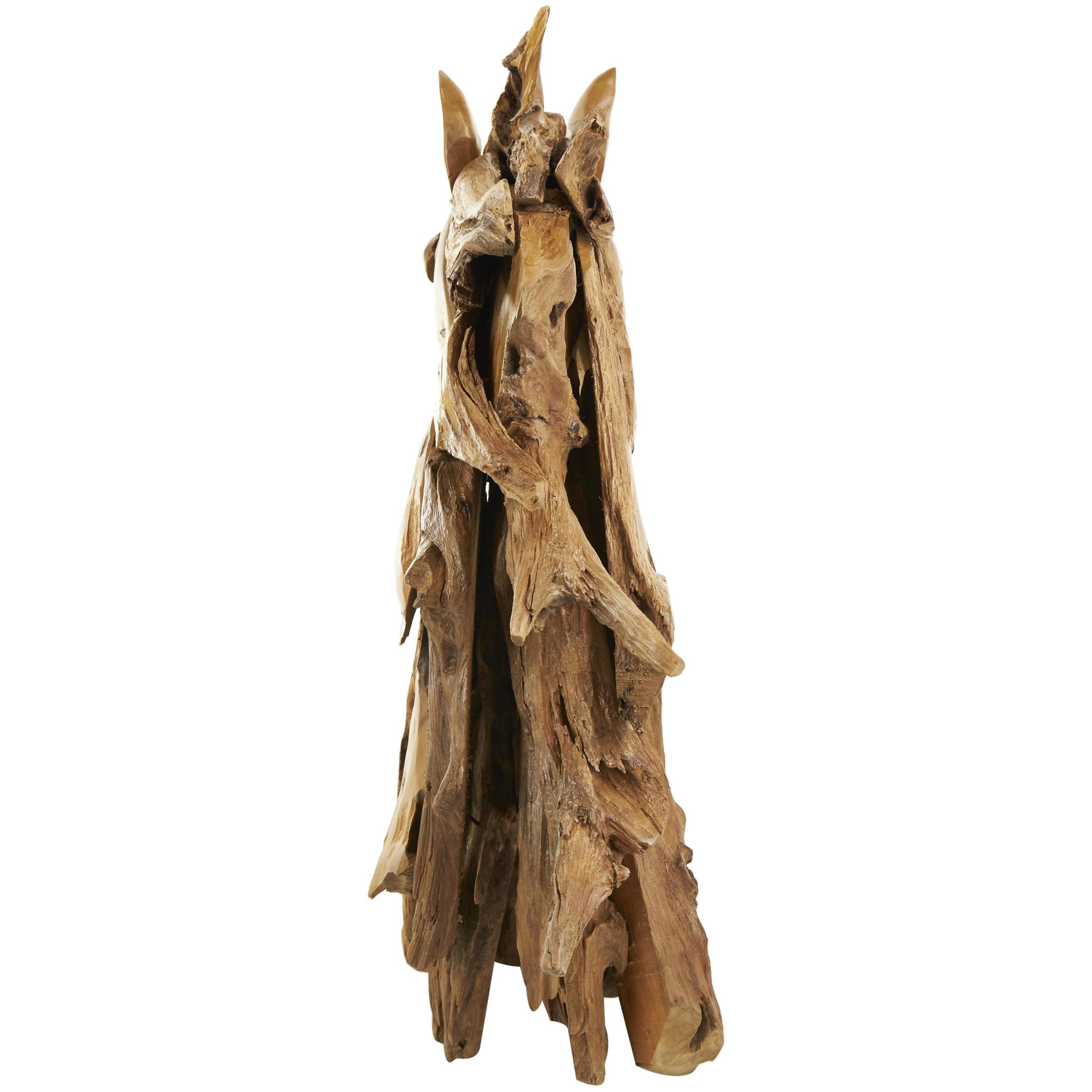 31" x 33" Brown Teak Wood Handmade Horse Sculpture, by DecMode