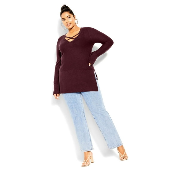 City Chic Women's Plus Size Longline Cross V-Neck Long Sleeve Jumper
