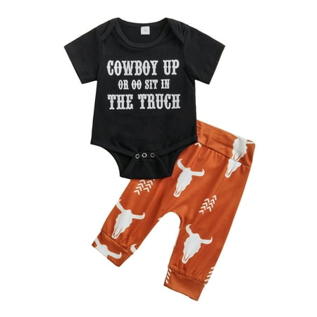 

Suanret Infant Newborn Baby Boys Casual Suit Short Sleeve Letter Printed Romper Tops+Bull Printed Long Pants Black 12-18 Months