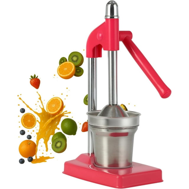 Cast Iron Juicer Hand Press, Heavy Duty Manual Citrus Juicer with Stainless Steel Filter, Countertop Lemon Lime Orange Juice Press Machine, Easy to Use & Clean (Red)