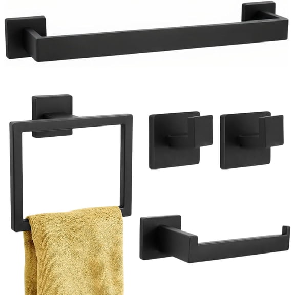 5-Piece Matte Black Bathroom Hardware Accessories Set - 16 Inch Stainless Steel Wall Mounted Towel Rack, Toilet Paper Holder, Ring & 2 Hooks, Organizer and Storage