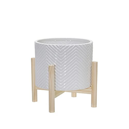 Sagebrook Home 15065-02 8" CERAMIC CHEVRON PLANTER W/ WOOD STAND, WHITE