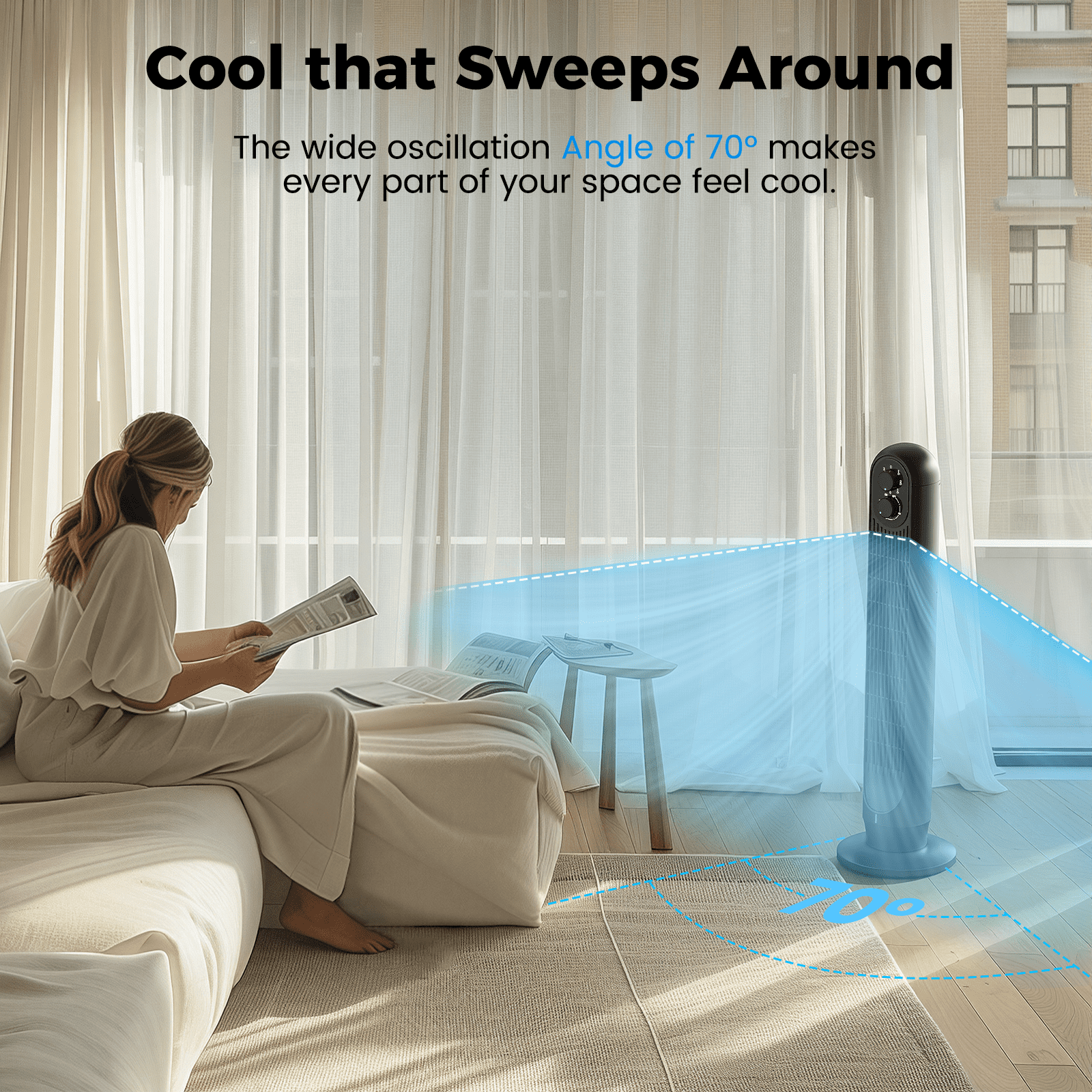 Tower Fan, 31" Oscillating Standing Fan for Home, Patbrela  Floor Fan with 360° Dual Knob Control, 3 Speed, Timer Bladeless Fan for Bedroom Office