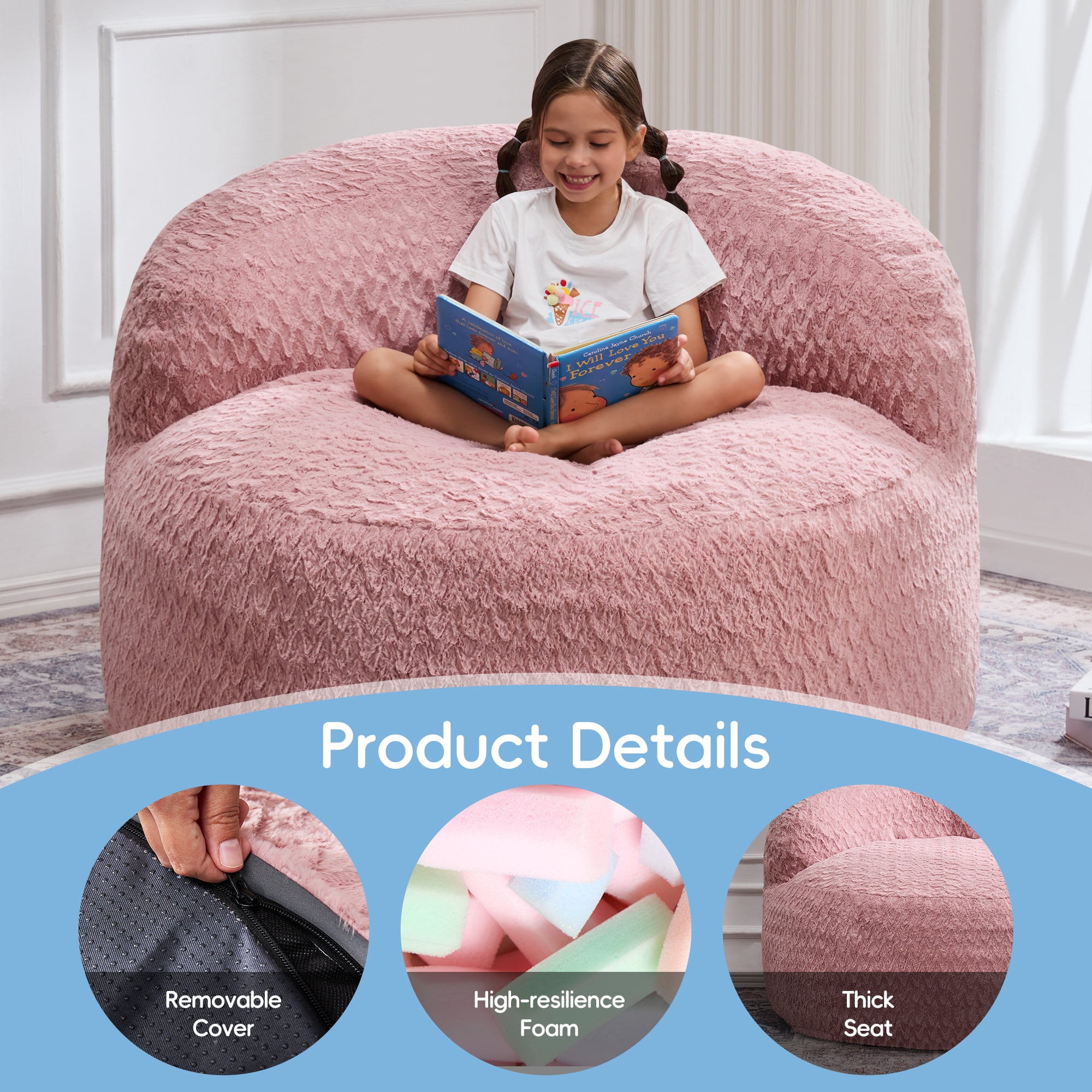 Hobestluk 3FT Bean Bag Chair for Adults with Memory Foam Filler Giant Beanbag with Faux Fur Cover for Bedroom (Chevron Pink,Large)