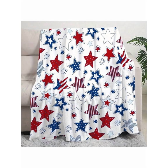 Patriotic Star Fleece Throw Blanket, Red White Blue American Flag Design, Ultra Soft Flannel Blanket, Machine Washable, All-Season for Indoor and Outdoor Use