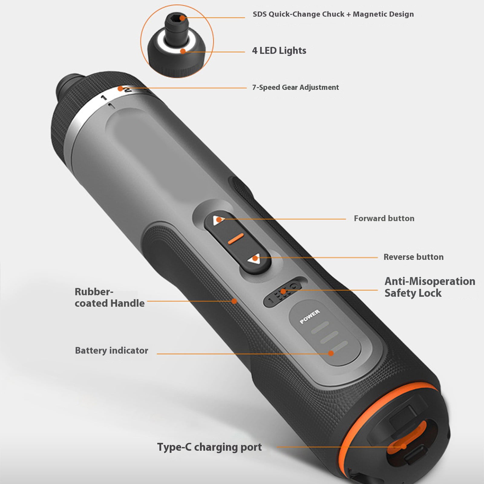 Compact Auto Rotations Electric Screwdriver 7 Variable Speeds Built In LED Light Bit Storage For Tight Space