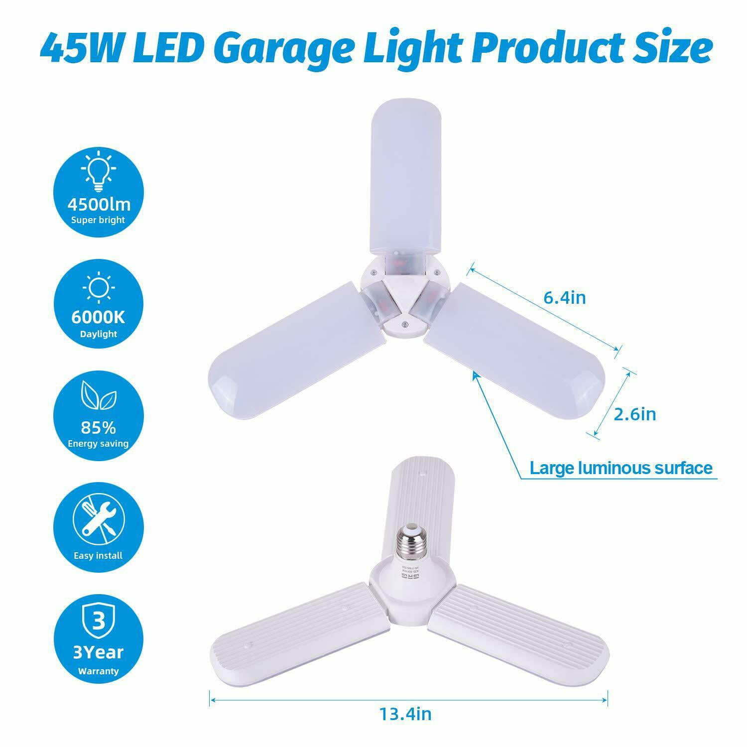 Universal Deform LED Garage Light 30W/45W/60W E27 Foldable Ceiling Workshop Lamp 