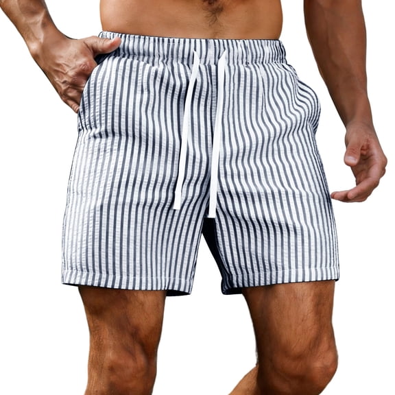 Lmueinov 2026 Men's Seersucker Vertical Stripe Casual Shorts, 100% Polyester Elastic Waist White Drawstring Loose Knee Length Summer Beach Shorts with Front & Back Pockets S-2XL