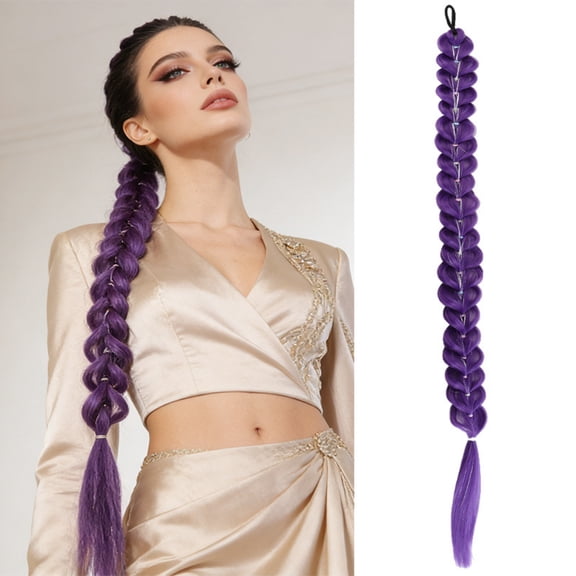 Purple Braiding Hair Ponytail with Colorful Elastic Bands, 31" Extra Long Purple Hair Extensions for Halloween Costume Performance, Lightweight Synthetic Braids Hair