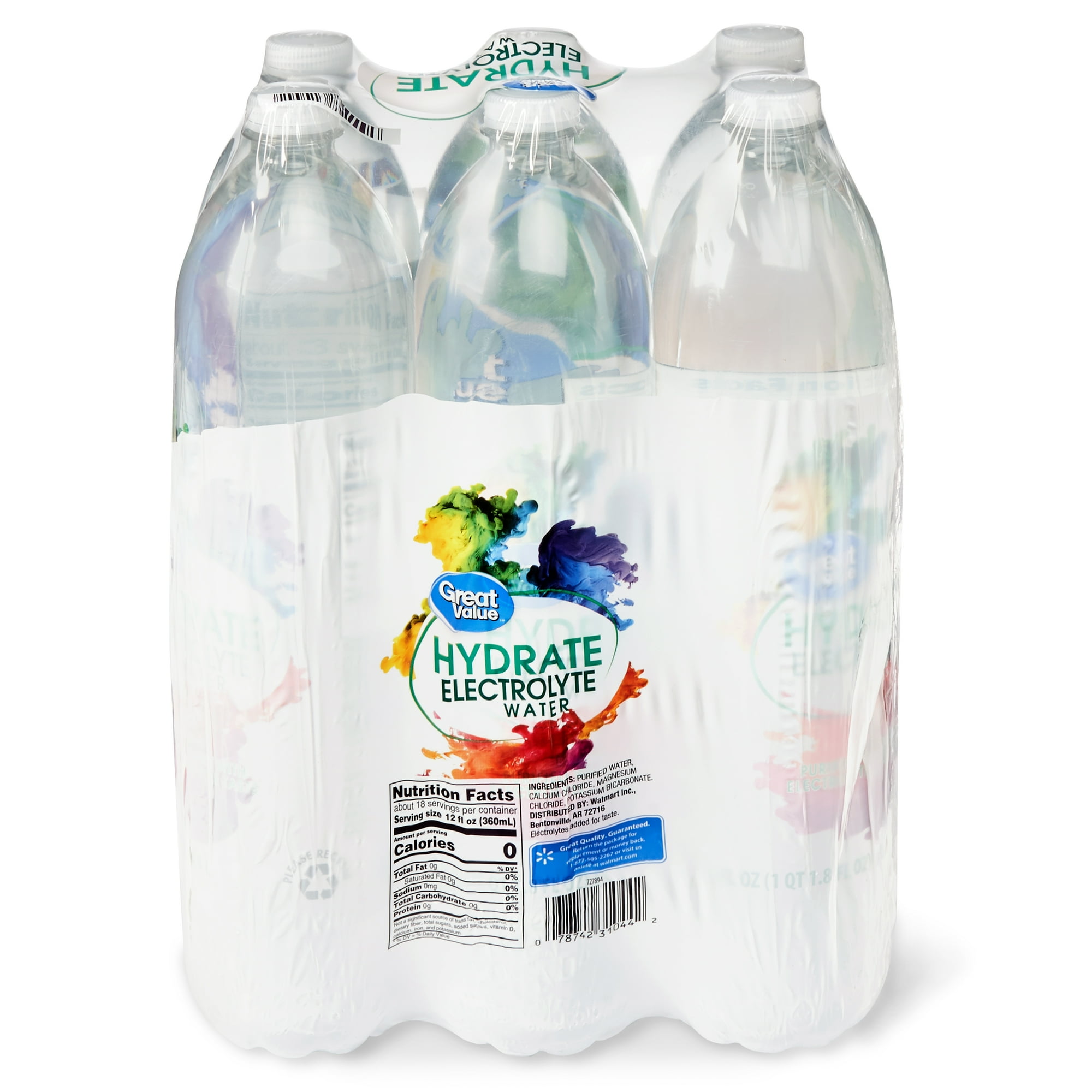 Great Value Hydrate Electrolyte Water, 33.8 fl oz, 6 Count