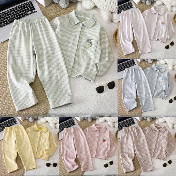 Pandaie 1-10T Toddler Baby Girl Plaid Collar Pajama Set Boys Long Sleeve Sleepwear 2 Piece Set Kid Cotton Loungewear Blue,2-3 Years