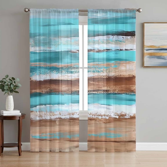 Sheer Curtains 72 Inches Long, Turquoise Brown Light Filtering Window Curtains for Living Room, Abstract Wood Grain Gradient Stripes Rod Pocket Voile Sheer Curtain Drapes, 52"W x 72"L, 2 Panels