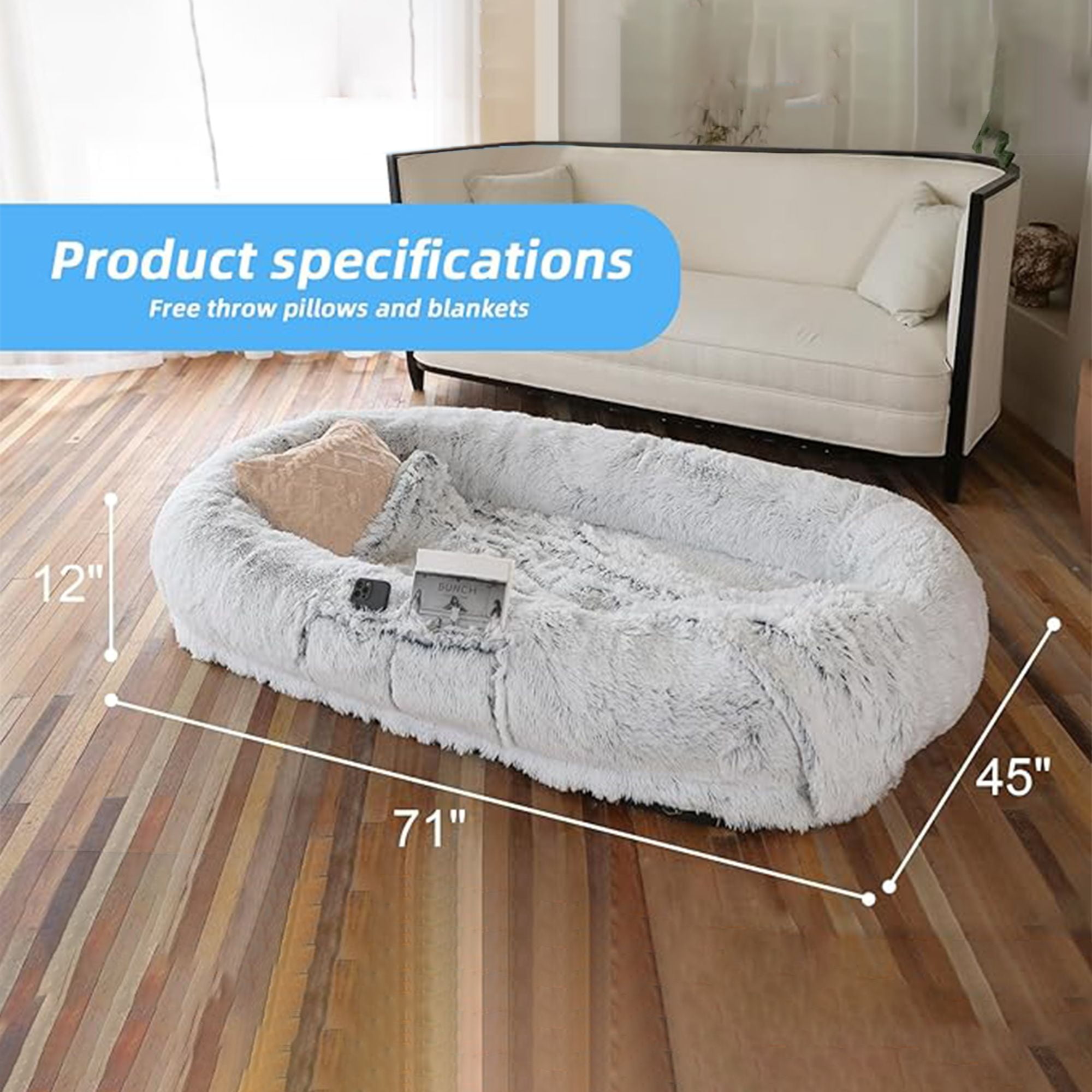 resenkos 71" Dog Beds for Large Dogs Giant Dog Bed Human Size Pet Bed for People 30D Sponge Bean Bag Bed Detachable Washable, Gray