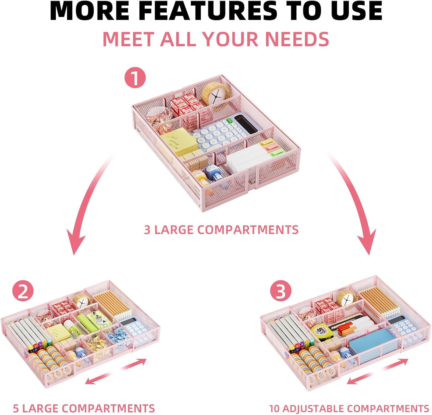 Expandable Desk Drawer Organizer, Mesh Tray with 10 Adjustable Compartments, Desk Organizers for Office Supplies, Makeup & Vanity (Expandable-Pink 2pack)