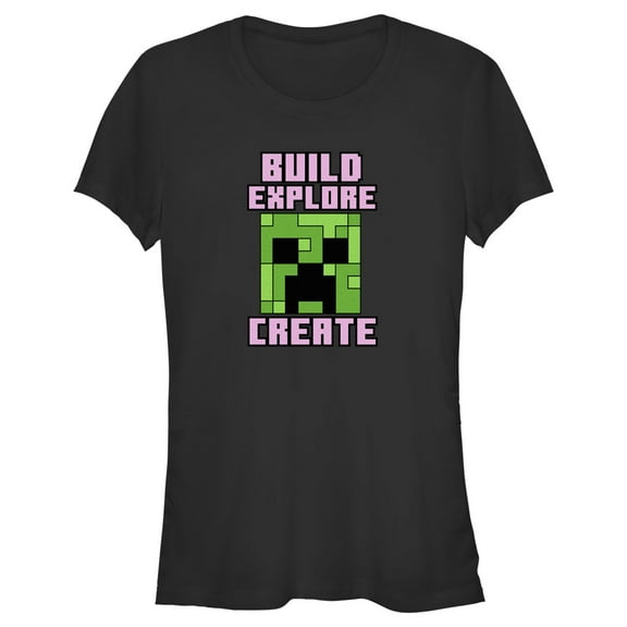Junior's Minecraft Creeper Face Build Explore Create  Graphic Tee Black Medium
