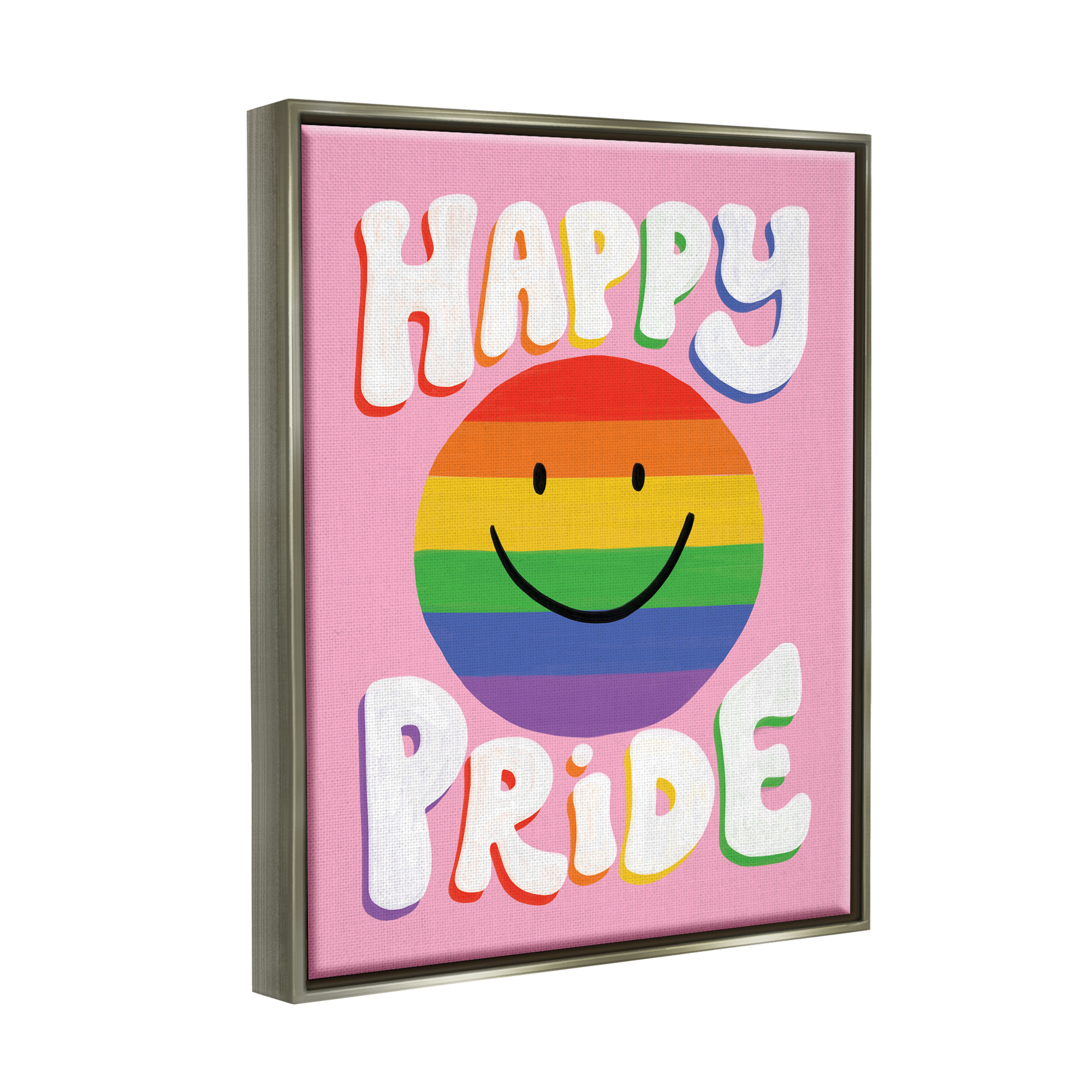 Stupell Industries Happy Pride Retro Rainbow Smiley Holiday Painting Gray Floater Framed Art Print Wall Art
