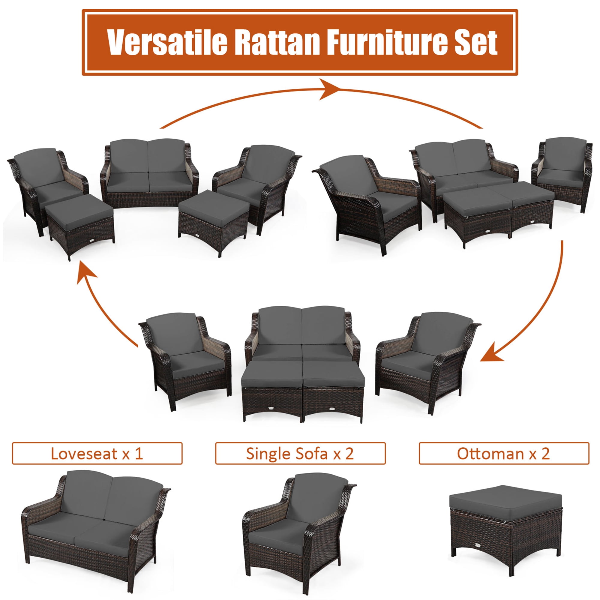 Gymax 5PCS Rattan Patio Conversation Sofa Furniture Set Outdoor w/ Grey Cushions