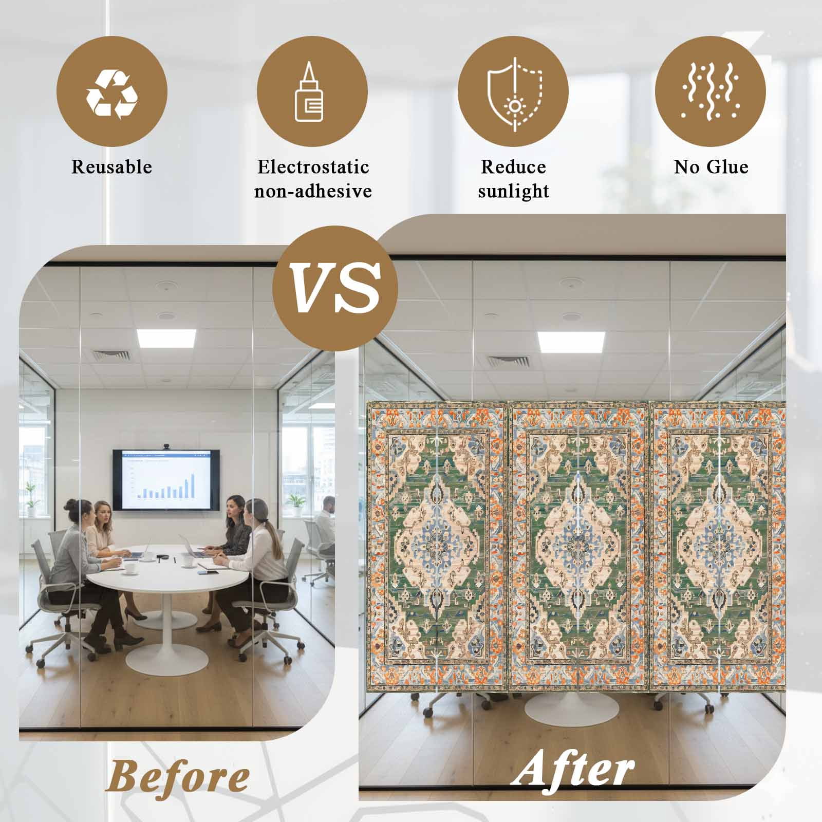 Static Cling Door Window Covering, Boho Window Privacy Film Frosted, Green Brown Ethnic Tribe Abstract Vintage Western UV Blocking Windows Film for Office, Hotel, Bedroom, 29.5 x 78.7 Inches