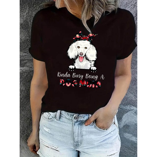 1pc Women'S Casual Round Neck Short Sleeve T-Shirt with Cute Dog & Floral Print - "Kinda Busy Being a Dog Mom" - Comfortable Knit Polyester Fabric for All Seasons