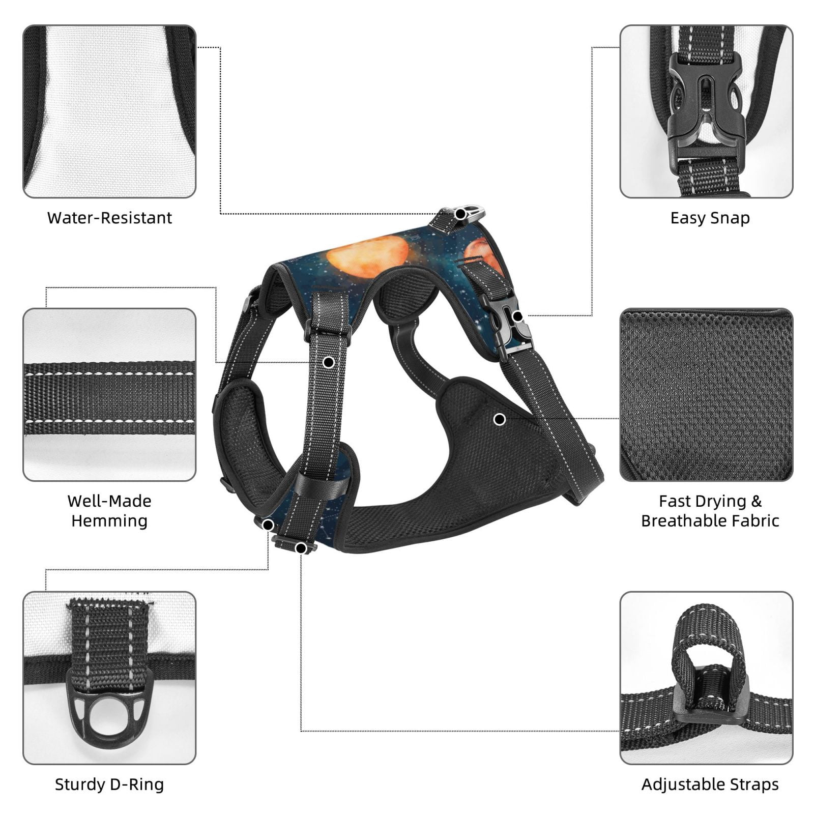 Kdxio Solar System And Planets Print No Pull Dog Harness Adjustable Reflective Oxford Easy Control Medium Large Dog Harness for Training and Everyday-Large