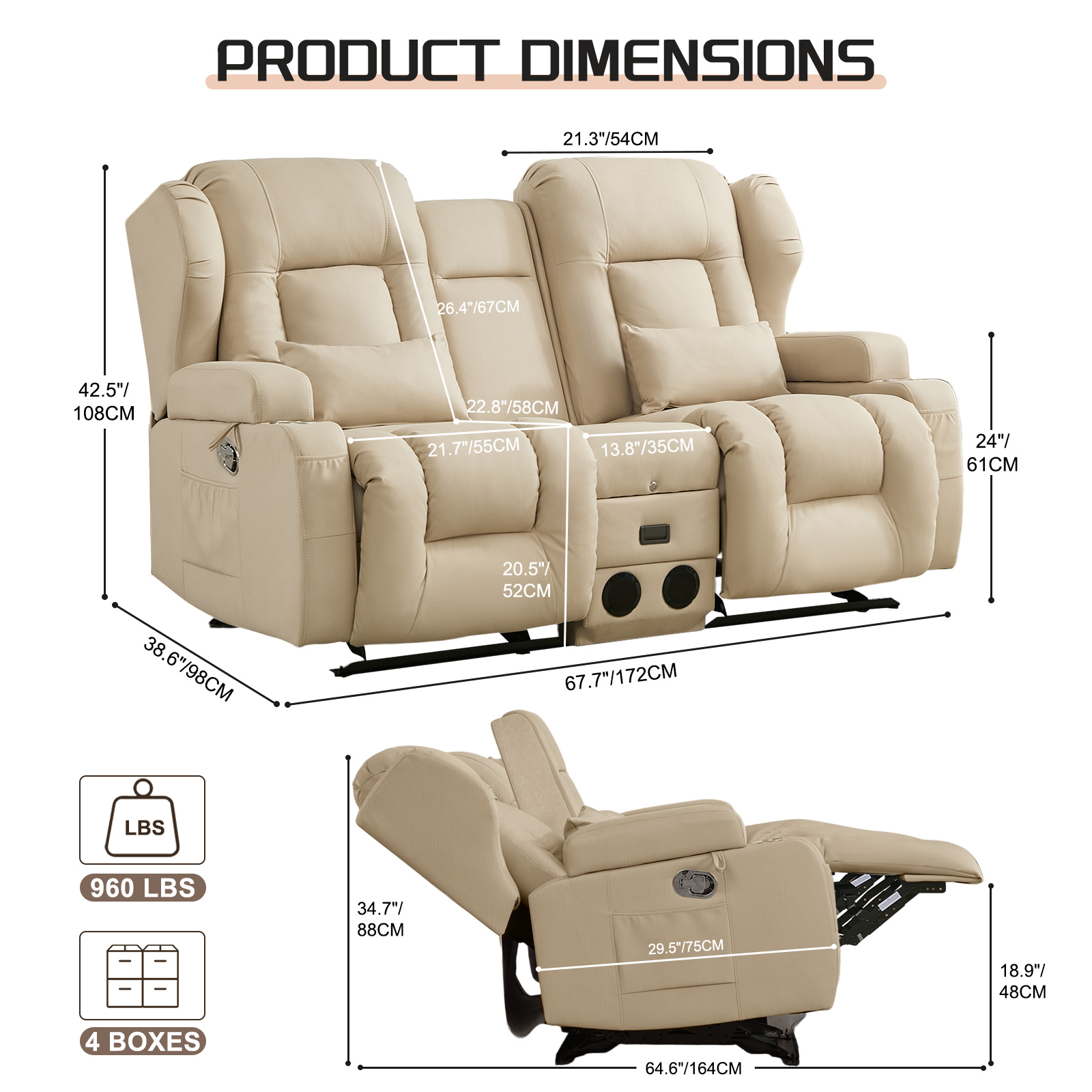 IPKIG 67.7" Manual Double Recliner Loveseat Sofa with Console, Cup Holders, Bluetooth Speakers, USB Ports & AC Outlets, Leathaire Beige