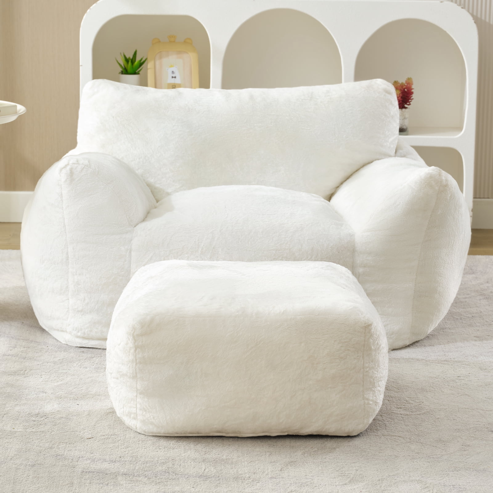 Puremind Bean Bag Chair for Kids and Adults, Oversized Bean Bag Couch with Ottoman, Faux Fur Lazy Sofa Chair for Living Room/Apartment/Bedroom, Beige