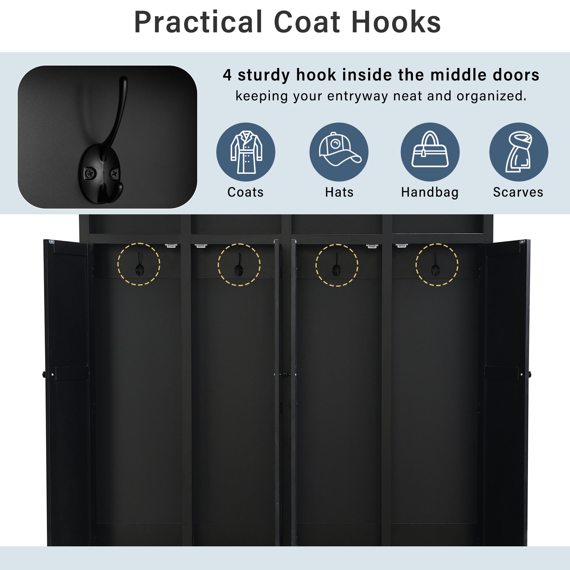 76.7''H Modern Entryway Hall Tree with Storage Bench, Accent Wardrobe Organizer with Cubbies and Hidden Hooks for Hallway