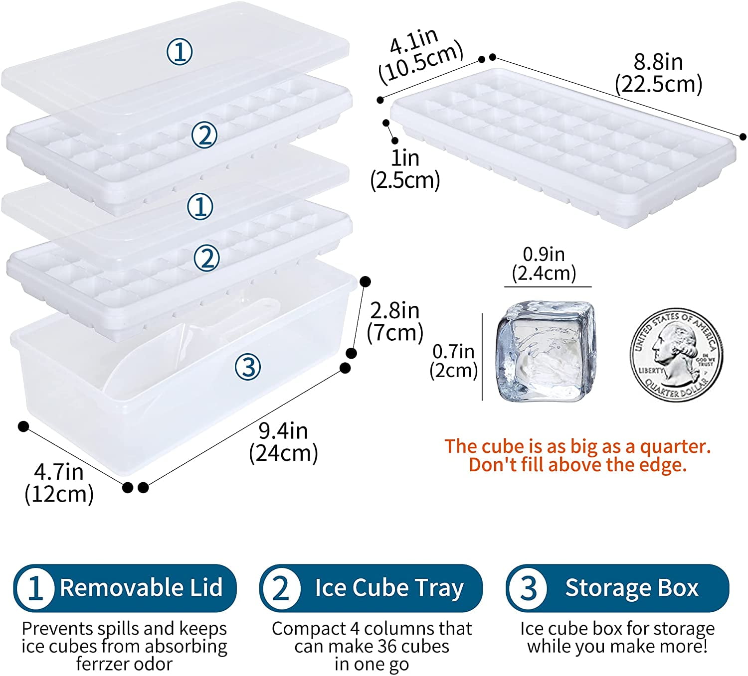 Ice Cube Tray with Lid and Bin,2 * 36 Nugget Silicone Ice Tray,Flexible Ice Cube Molds Comes with Ice Container, Scoop and Cover (White)