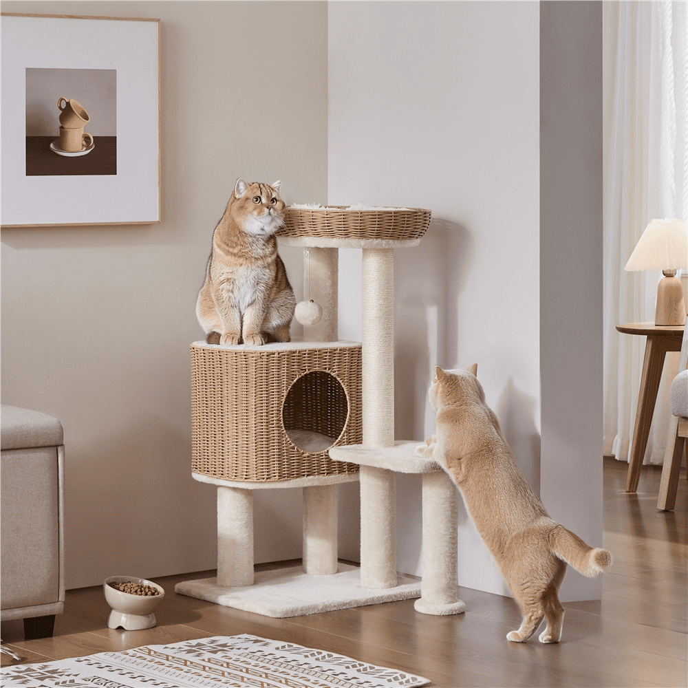 Renwick 36" Tall Rattan Cat Tree with Natural Sisal Scratching Post, Beige