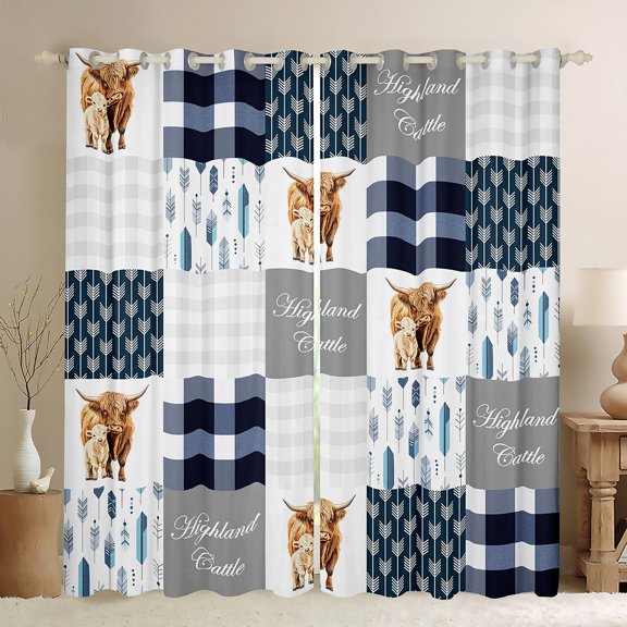 Manfei Cartoon Cow Animal Black Out Curtains, Chic Stripes Abstract Curtains Pack of 2 (42x63 Each), White Blue Patchwork Bedroom Curtains, Curtains and Drapes Decor