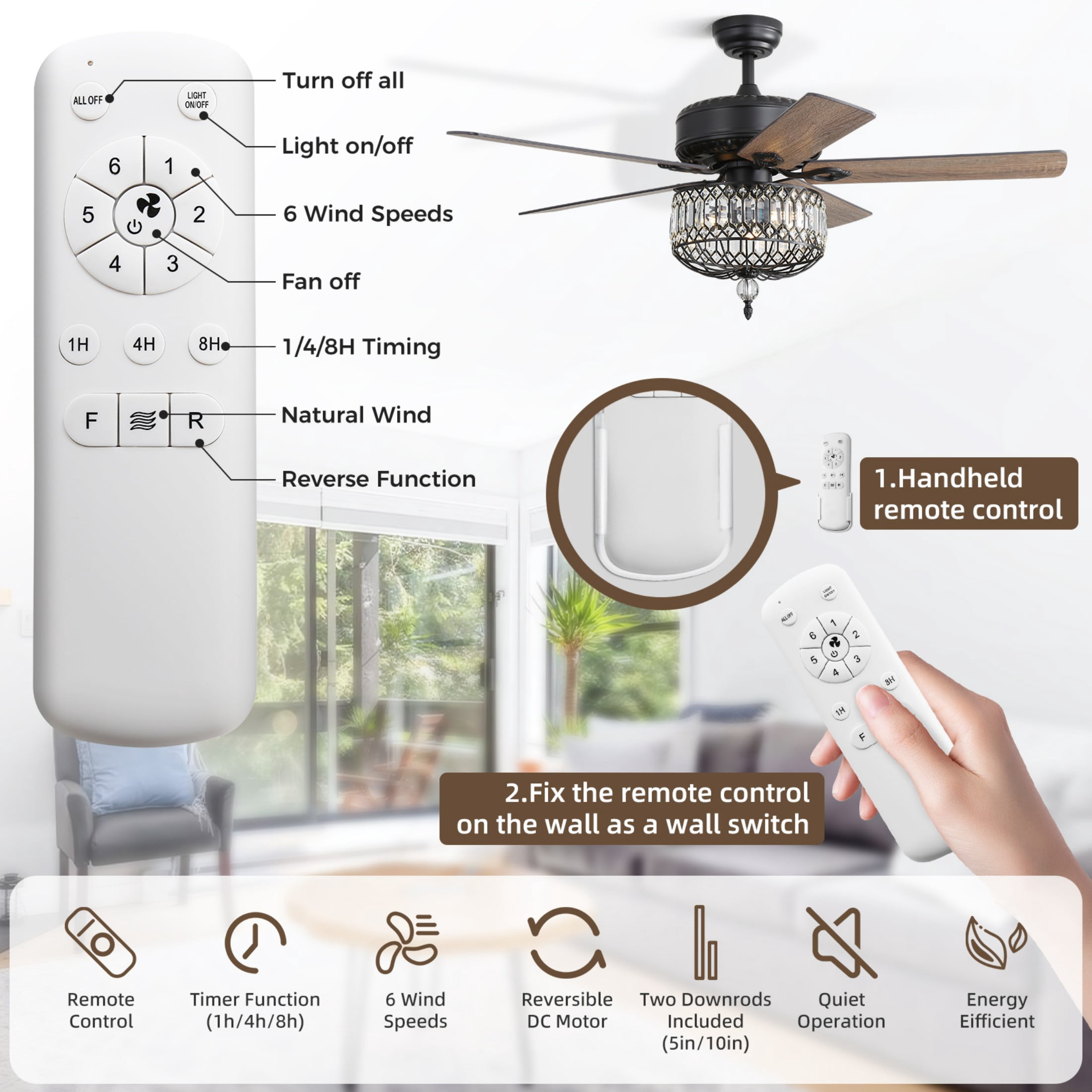 Sofucor 52-Light Chandelier Crystal Fan Light Indoor Ceiling Fan with Silent Reversible Motor