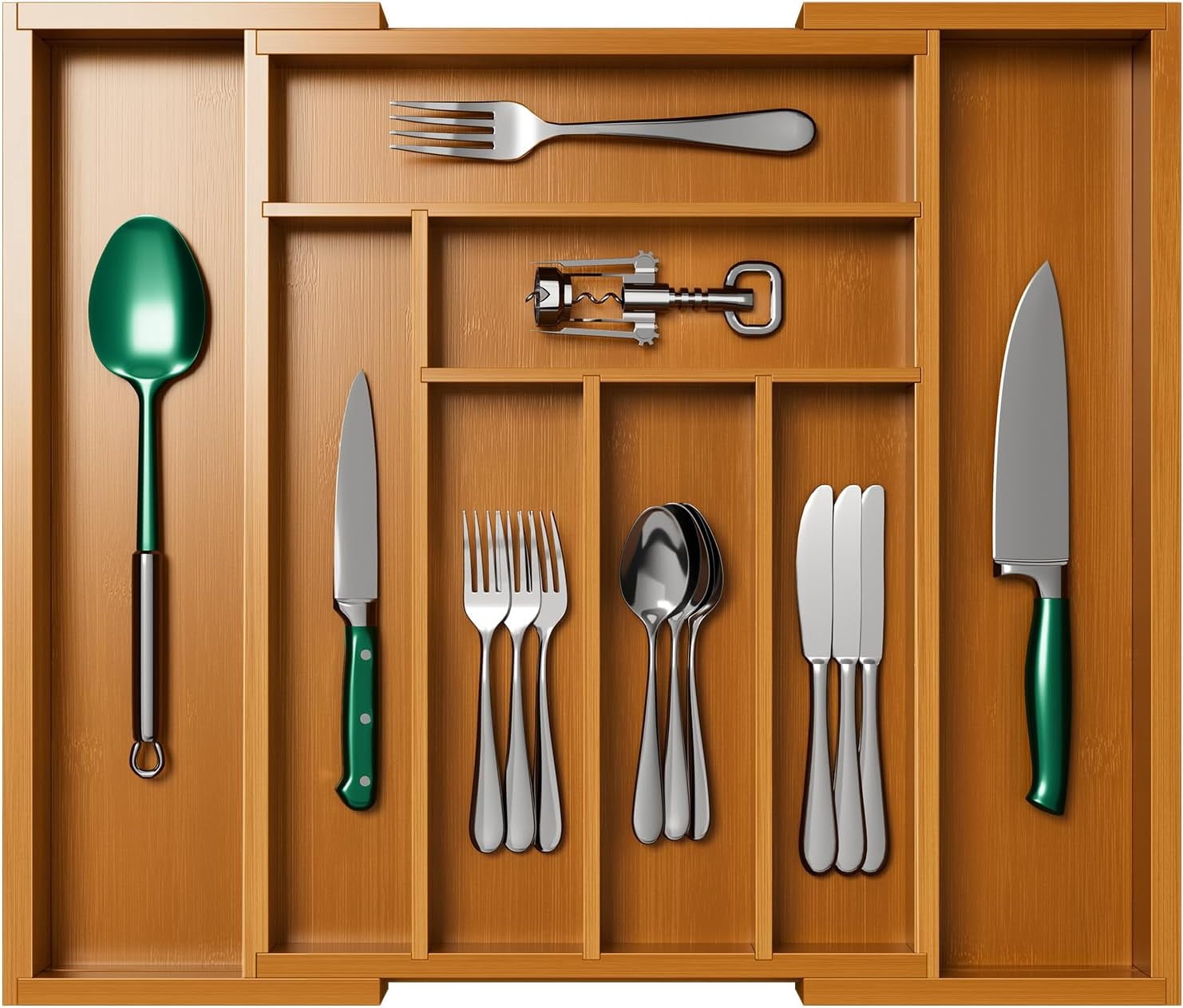 Bamboo Expandable Drawer Organizer for Utensils Holder, Adjustable Cutlery Tray, Wood Drawer Dividers Organizer for Silverware, Flatware, Knives in Kitchen, Bedroom, Living Room