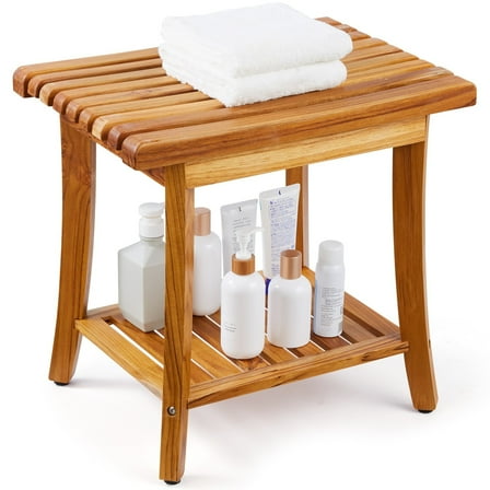TYUIOP Teak Shower Bench, Waterproof Wood Shower Stool with Storage Shelf Non-Slip Foot Pads,Load Capacity Shower Chair Seat, for Bathroom Indoor
