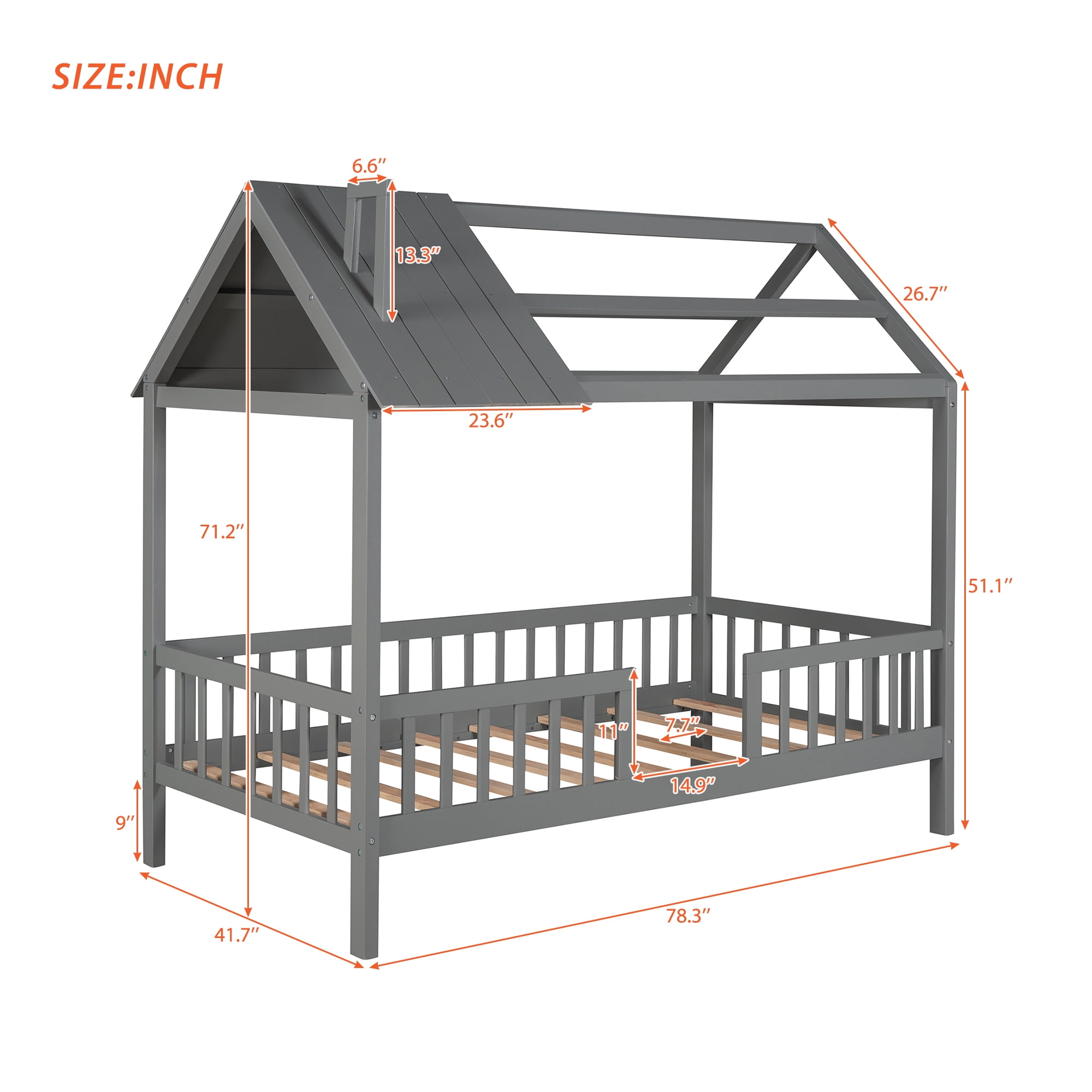 Aukfa Twin House Bed with Fence and Roof, Wood Montessori Bed for Kids, Teens - Gray