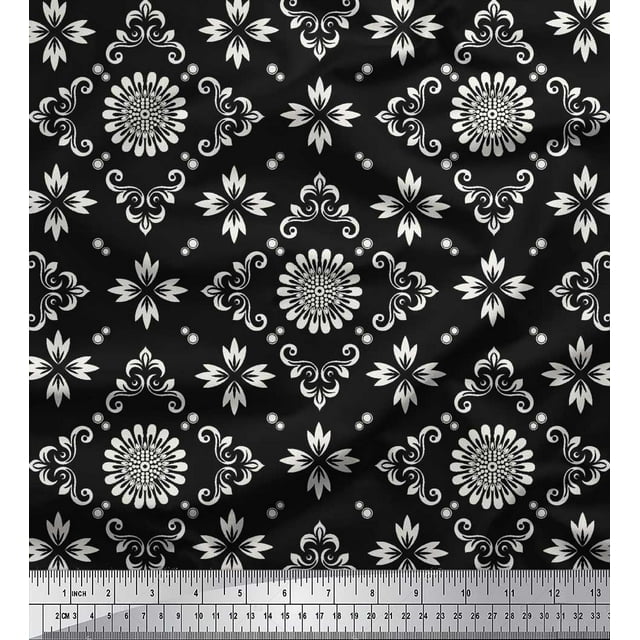 Soimoi Moss Georgette Fabric Dot & Floral Artistic Printed Fabric 1 Yard 42 Inch Wide