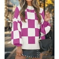 thumbnail image 6 of Women'S Fall Fashion Roll-Neck Long Sleeve Plaid Ribbed Knit Loose Pullover Sweater Tops Purple Checkered 4XL, 6 of 9
