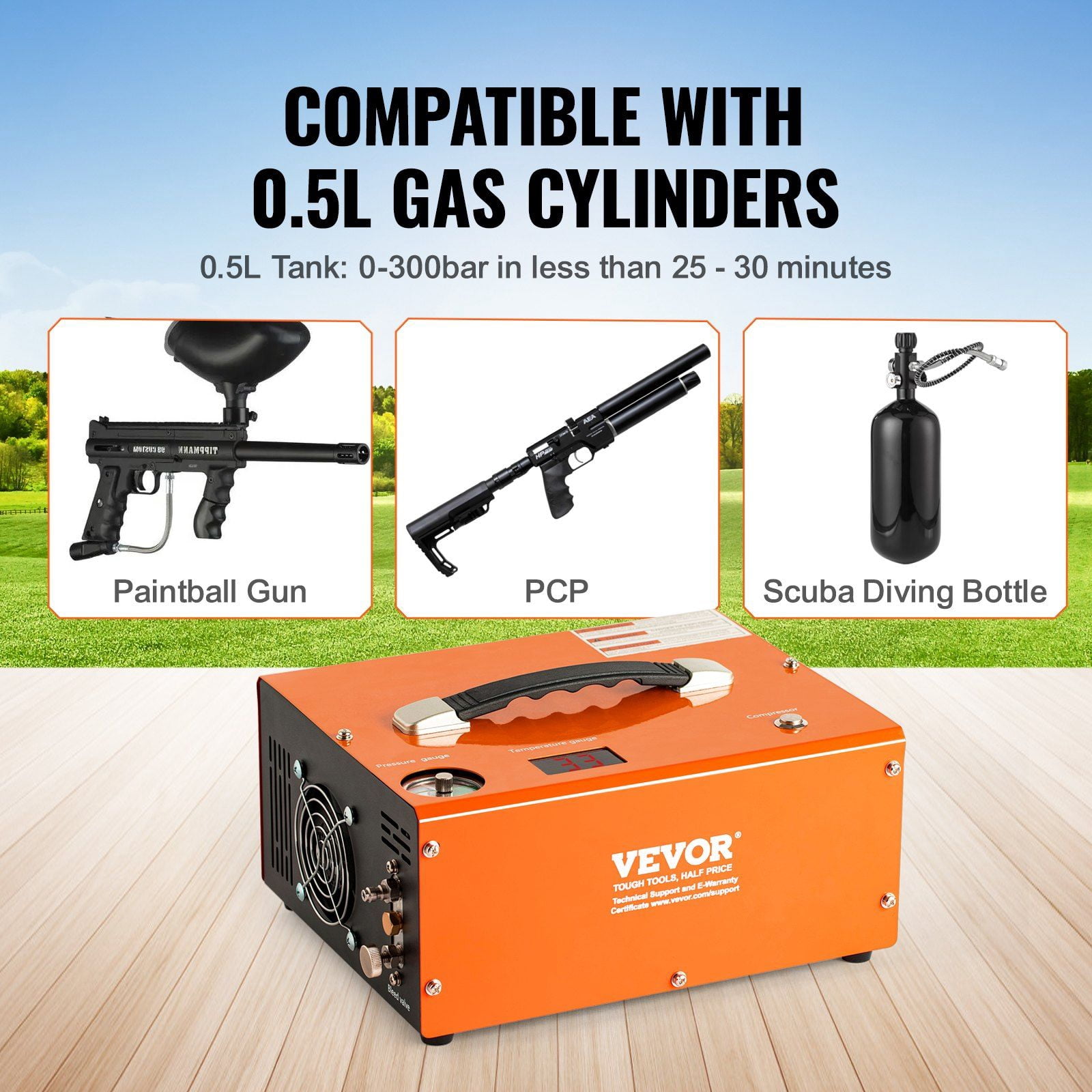PCP Air Compressor 4500PSI, Lightweight & Oil-Free, Auto-Stop, Dual-Power 12V/120V, for Paintball, Air Rifles & Scuba