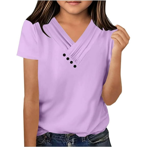 Little Kid Girls Casual Short Sleeve V Neck T Shirt Pure Color Ruffled Button Top For Everyday Wear School Outdoor Spring Summer Girls Christmas Long Sleeve Tops Teenage Girl Tops 7-8 Years Purple
